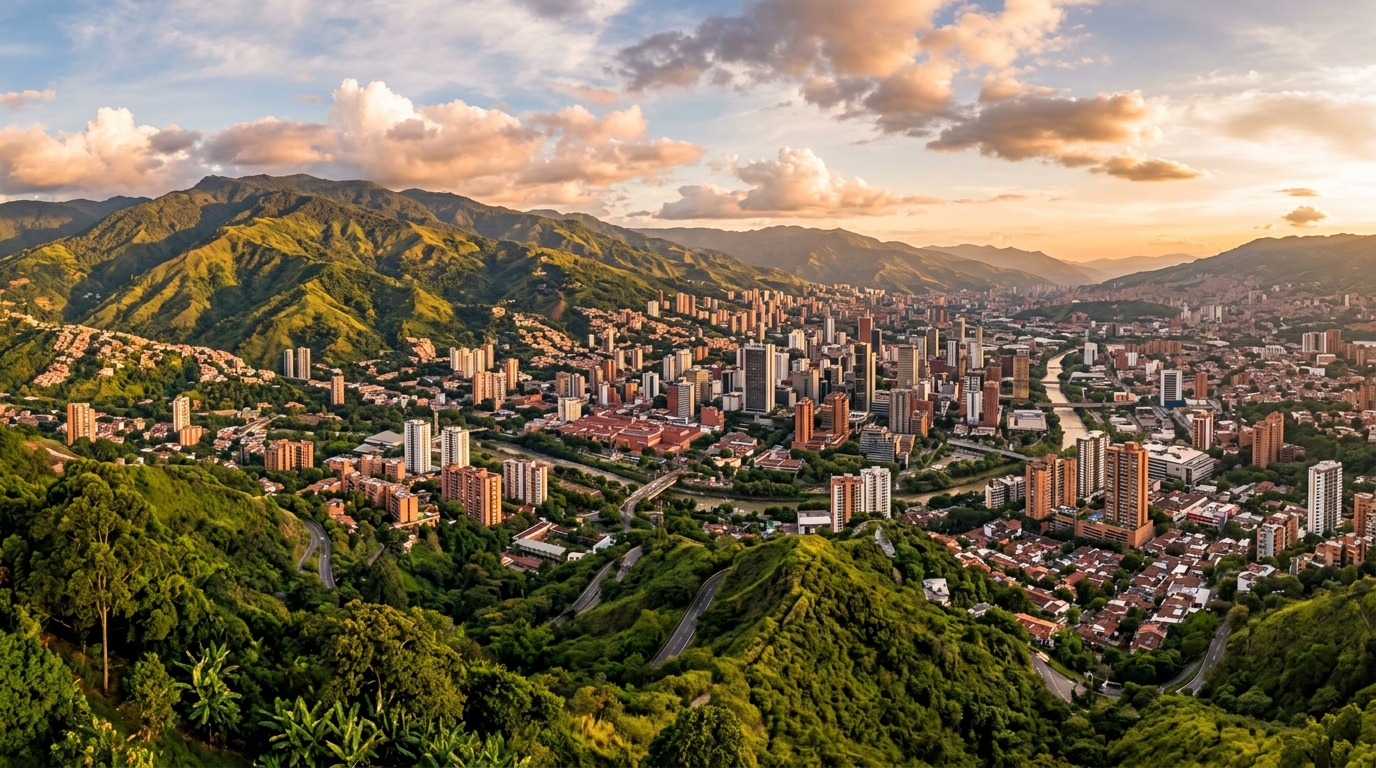 Panoramic view of the Medellin valley and mountains in Colombia